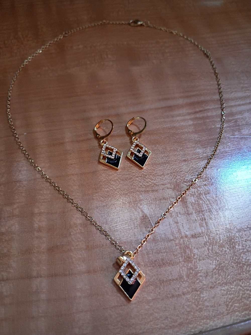 Gold-Tone Black Geometric Pendant Necklace and Earring Set